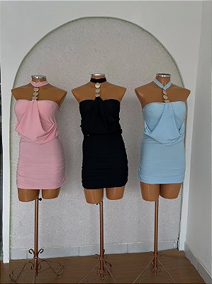 Vestido Curto Frente Única em Poliamida com Detalhe Dourado