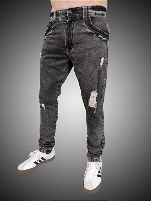 Calça Slim Fit Triple Stitching Jeans Destroyer Black Stone Rasgada.