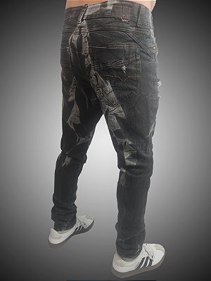 Calça Slim Fit Triple Stitching Jeans Destroyer Black Stone Tie Dye Rasgada.