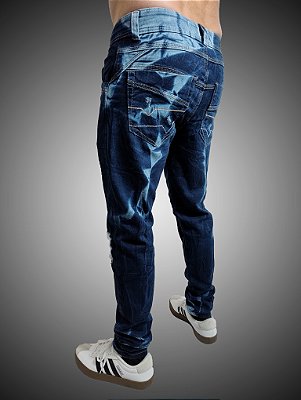 Calça Slim Fit Triple Stitching Jeans Destroyer Blue Stone Tie Dye Rasgada.