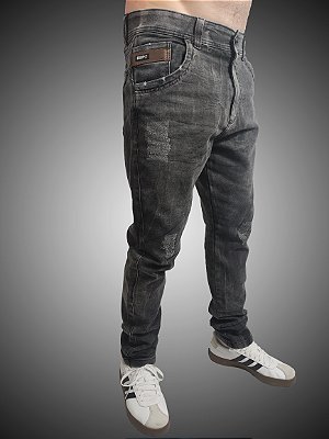Calça Jeans masculina Slim Fit SURF-X Destroyer Black Marmorizada Triple Stitching.