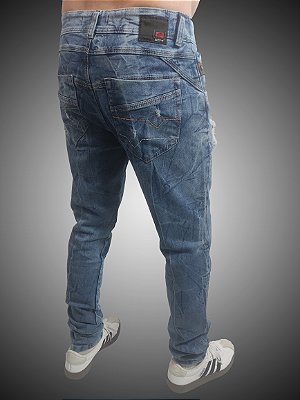 Calça Jeans masculina Slim Fit SURF-X Destroyer Blue Marmorizada Triple Stitching.
