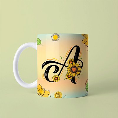 Caneca em cerâmica 325 ml - Artes Letras Girassol - A ate J