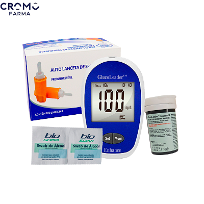 Medidor Glucoleader + 1 Frasco De Tira Reagente Glucoleader + 1 Caixa de Lancetas de Segurança + GRÁTIS ALCOOL SWAB