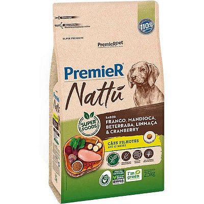 Ração Seca PremierPet Nattú Para Cães Filhotes Sabor Mandioca - Frango, Beterraba, Linhaça e Cranberry - Super Premium