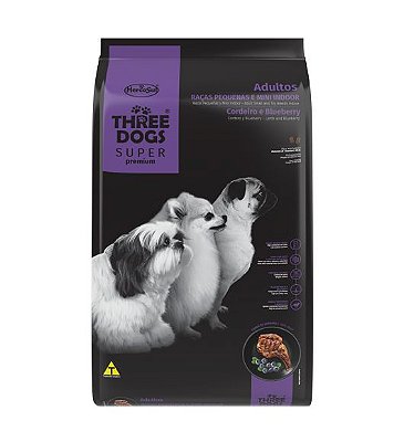 Ração Hercosul Three Dogs Super Premium Adultos Raças Pequena e Mini Indoor Cordeiro e Blueberry