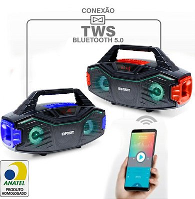 Mini System Infokit Wireless Bluetooth Portátil 15W Extra Bass Karaokê/FM/USB/TF LED Multicolorido – VC-M410BT – 11486