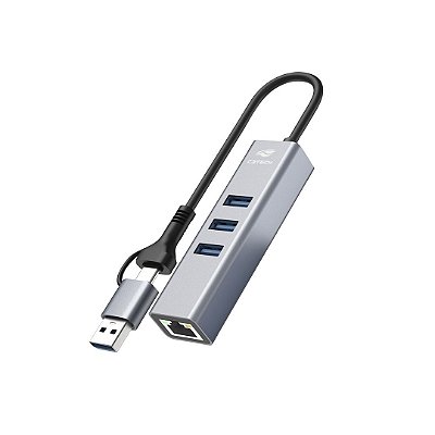 Hub Usb 4 Portas c/ Lan C3Tech HU-Lan1000GY Cinza