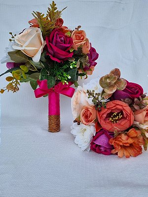 Kit Cerimonial com Buque Médio e Buquê Mini para jogar em Tons Terrosos com Fúcsia