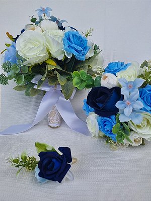 Kit Cerimonial com Buque Médio e Buquê Mini para jogar em Tons de Azul com Branco