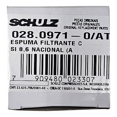 Filtro de Ar Compressor Schulz CSI 8.6 Pratiko - Espuma (028.0971-0/AT) - P2.I18