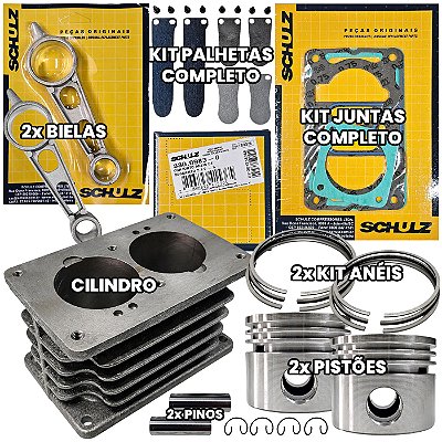 Kit Reparo do Compressor Schulz CSL 10 e CSL 15 BR Bravo - Completo - Cilindro, Pistões, Anéis, Bielas, Juntas, Palhetas