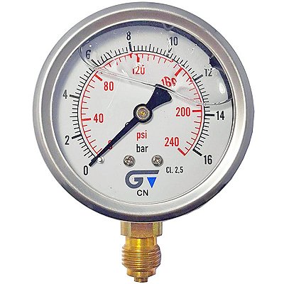 Manometro Vertical - em Inox - Rosca 1/4 - 240psi ou 16bar - 63mm - com Glicerina (729582)