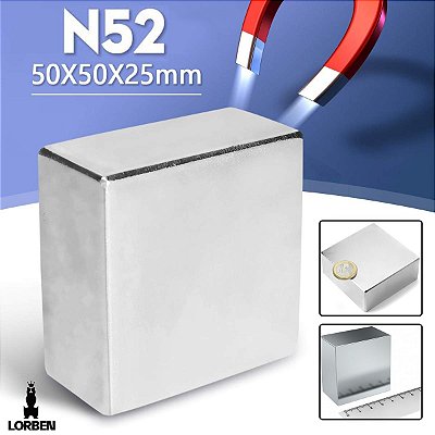 Ímã de Neodímio N52 Lorben Bloco 5x5x2,5cm Trava Super Forte