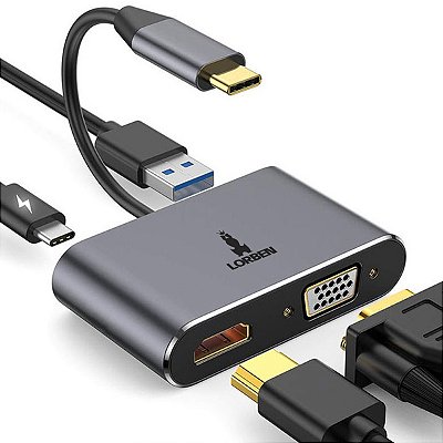 Cabo Adaptador 4 em 1 Lorben Tipo C USB 3.0 HDMI VGA Vídeo Áudio 1080p