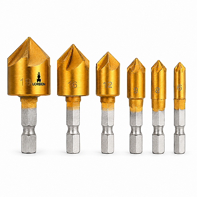 Jogo com 6 Brocas Escareadoras Lorben Chanfrar Madeira Alumínio 6mm a 19mm