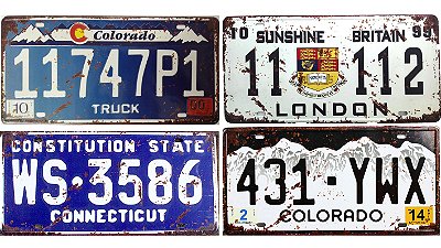 Kit com 4 Placas de Carro Decorativas em Metal Modelo Vintage Antigas 15x30cm Lorben