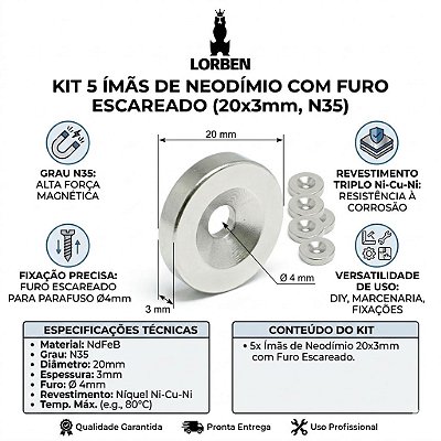 Kit com 5 Peças Ímã de Neodímio 20x3mm N35 Disco com Furo