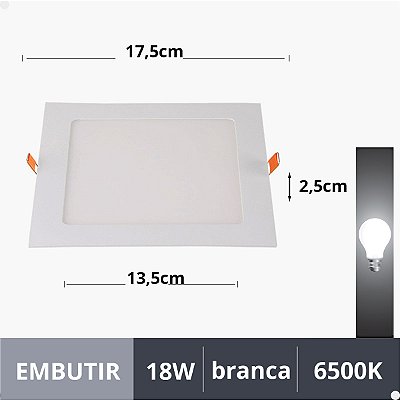 Plafon Painel LED Embutir Quadrado 12W 18x18cm Branco Quente 6500K Bivolt – Iluminação Moderna e Eficiente