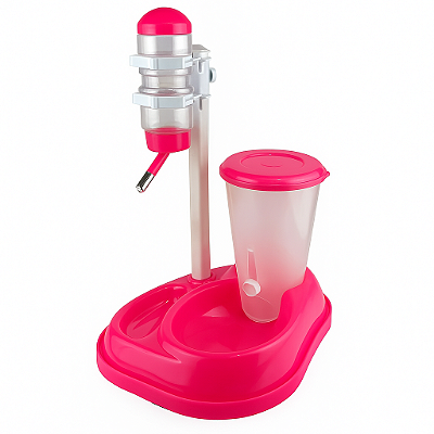 Bebedouro com Lambe Bilha e Comedouro Automático Lorben para Cães e Gatos Rosa