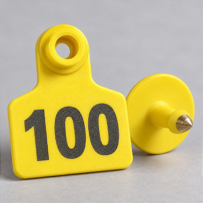 Kit com 100 Etiquetas Auriculares para Gado, Porcos e Ovelhas – Numeradas de 001 a 100, em TPU Amarelo com Pino Metálico
