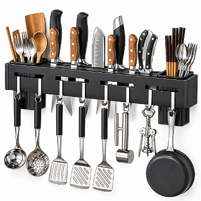 Suporte Organizador de Parede para Cozinha com Porta-Facas e Ganchos