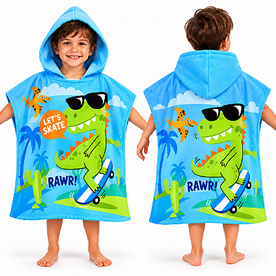 Toalha Poncho Infantil Capuz Dinossauro Azul Praia Piscina