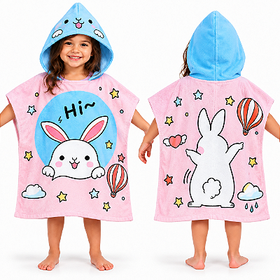 Toalha Poncho Infantil Capuz Coelhinho Rosa Praia Piscina
