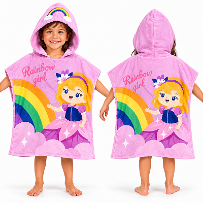 Toalha Poncho Infantil Capuz princesa rosa Praia Piscina