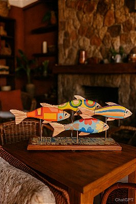 Escultura Artesanal Peixes em Madeira com Base