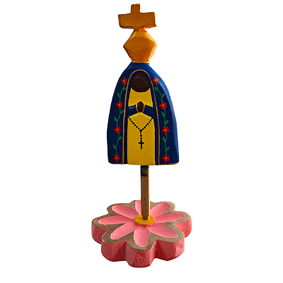 Nossa Senhora Aparecida Madeira Entalhada a Mão com Flor para Mesa