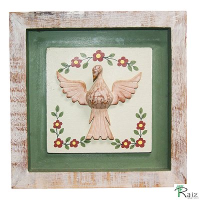 Quadro Divino Espírito Santo com Flores Rústico Encerado Pátina Branca Fundo Verde (26x26x3)cm