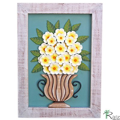Quadro Decorativo Vaso de Flores Brancas Madeira Luxo (L)