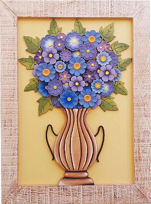 Quadro Decorativo em Madeira Vaso de Flores Lilás Moldura Patinada 80x60cm (L)(c)
