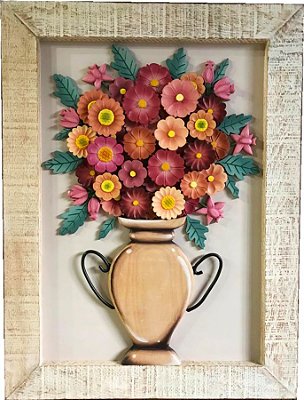 Quadro Decorativo Madeira Vaso de Flores Vinho com Botões Moldura Patinada 80x60cm (L)(c)