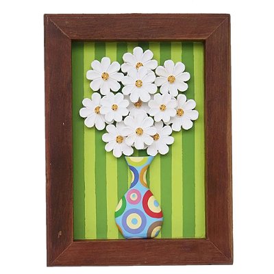 Quadro Vaso Flores Listras Verdes Madeira 40cm (S)