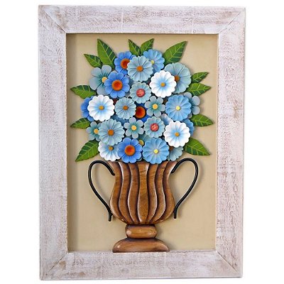 Quadro Decorativo Vaso De Flores Azuis Madeira Artesanal Luxo (L) (c)
