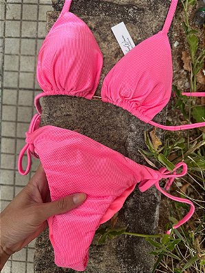 Biquíni Cortininha Rosa Neon Calcinha Lacinho