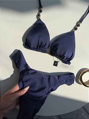 Biquíni Cortininha Azul Marinho Calcinha Asa Delta