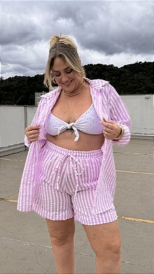 CONJUNTO CAMISA E SHORTS LISTRAS ROSA
