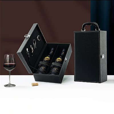 Maleta Porta Vinho Couro Sintético  para 2 Garrafas com Acessórios