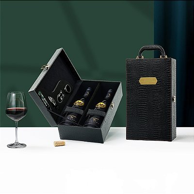 Maleta Porta Vinho Couro Sintético Para 2 Garrafas com Acessórios