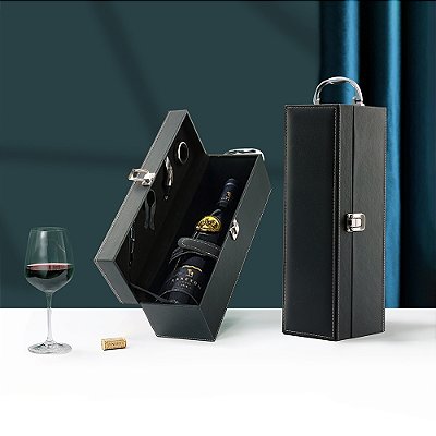 Maleta Porta Vinho couro sintético para 1 garrafa com 4 peças