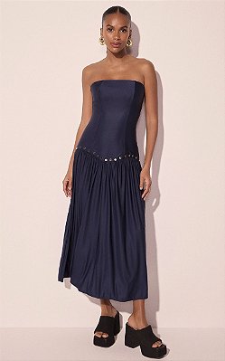 Vestido Longo Rebites Azul Marinho