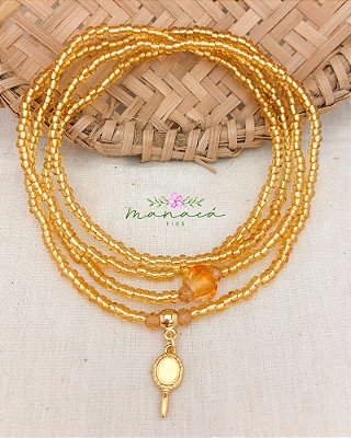 Guia de Oxum Fio de Contas, Miçangas de Vidro Dourada e Pingente Abebé Dourado - 60cm