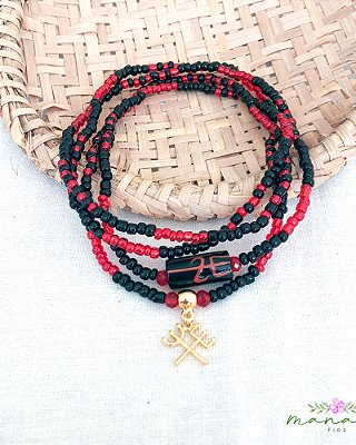 Guia de Exu e Pombagira – Fio de Conta Umbanda e Candomblé | Vermelha Vidrada e Preta com Tridente Duplo Dourado