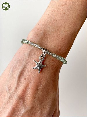 Pulseira de Iemanjá – Miçangas Jablonex Verde-Água com Pingente Estrela-do-Mar Prateada | Umbanda e Candomblé