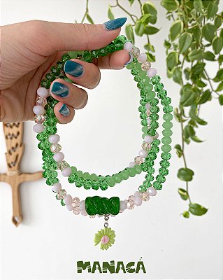 Guia de Erês – Cristais de Vidro 8 mm Verde e Rosa com Firma de Murano e Pingente Girassol | Umbanda e Candomblé