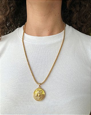 Colar Veneziano Medalha Oxum - Dourado, Amor, Riqueza e Beleza - 50cm