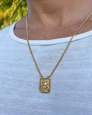 Escapulário de São Jorge em Aço Dourado com Corrente Elo Grumet